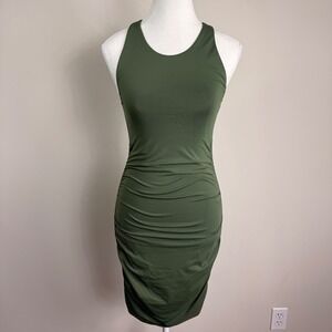 Babaton Contour Ruched Mini Dress Olive Green Racerback Bodycon Small